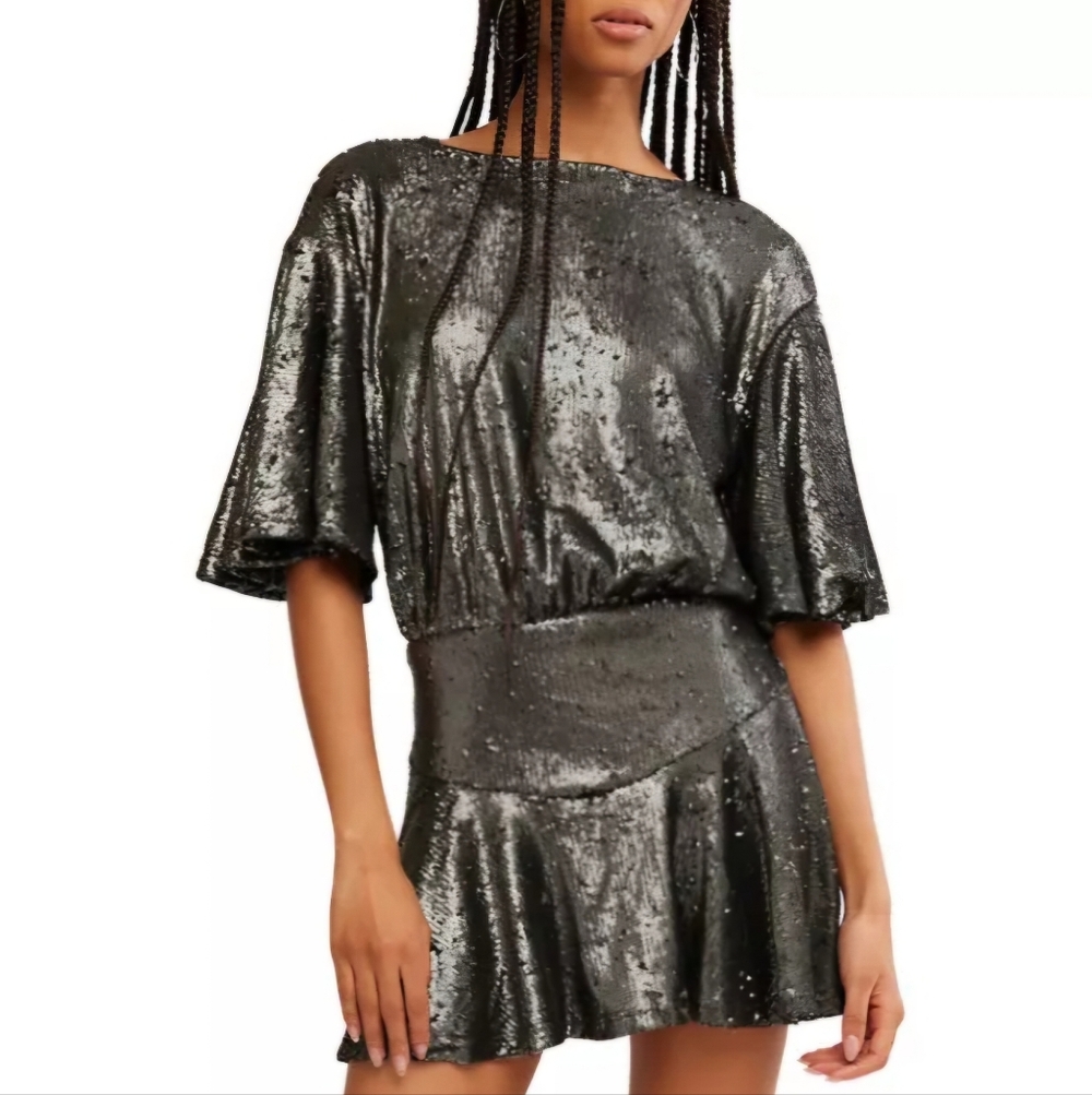 Free People Gunmetal Sequin Mini Skirt